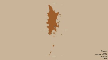 Tayland 'ın Phuket bölgesi, katı bir arka planda izole edilmiş bir sınır kutusunda. Etiketler. Desenli dokuların bileşimi. 3B görüntüleme