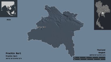 Prachin Buri 'nin şekli, Tayland eyaleti ve başkenti. Uzaklık ölçeği, ön gösterimler ve etiketler. Renkli yükseklik haritası. 3B görüntüleme
