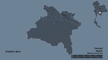 Tayland 'ın Prachin Buri eyaleti, başkenti katı bir zemin ile izole edilmiştir. Uzaklık ölçeği, bölge önizlemesi ve etiketleri. Renkli yükseklik haritası. 3B görüntüleme