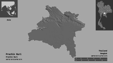 Prachin Buri 'nin şekli, Tayland eyaleti ve başkenti. Uzaklık ölçeği, ön gösterimler ve etiketler. Çift seviyeli yükseklik haritası. 3B görüntüleme