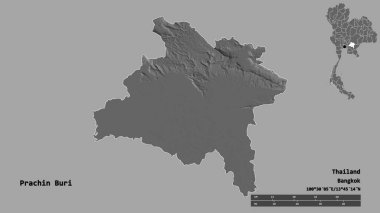 Tayland 'ın Prachin Buri eyaleti, başkenti katı bir zemin ile izole edilmiştir. Uzaklık ölçeği, bölge önizlemesi ve etiketleri. Çift seviyeli yükseklik haritası. 3B görüntüleme