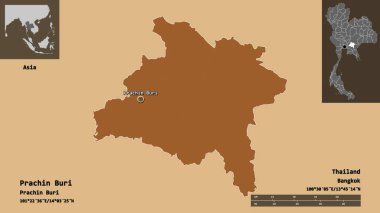 Prachin Buri 'nin şekli, Tayland eyaleti ve başkenti. Uzaklık ölçeği, ön gösterimler ve etiketler. Desenli dokuların bileşimi. 3B görüntüleme