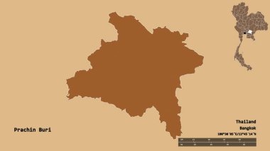 Tayland 'ın Prachin Buri eyaleti, başkenti katı bir zemin ile izole edilmiştir. Uzaklık ölçeği, bölge önizlemesi ve etiketleri. Desenli dokuların bileşimi. 3B görüntüleme