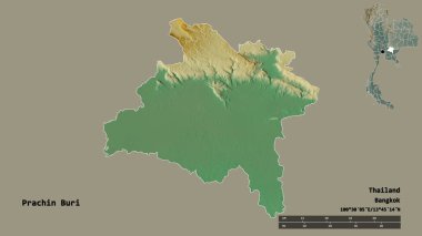 Tayland 'ın Prachin Buri eyaleti, başkenti katı bir zemin ile izole edilmiştir. Uzaklık ölçeği, bölge önizlemesi ve etiketleri. Topografik yardım haritası. 3B görüntüleme