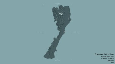 Tayland 'ın Prachuap Khiri Khan bölgesinin katı bir arka planda izole edilmiş bir sınır kutusu var. Etiketler. Renkli yükseklik haritası. 3B görüntüleme