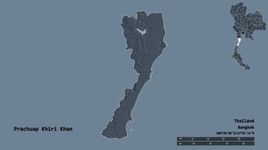 Tayland 'ın başkenti Prachuap Khiri Khan' ın katı arka planda izole edilmiş hali. Uzaklık ölçeği, bölge önizlemesi ve etiketleri. Renkli yükseklik haritası. 3B görüntüleme