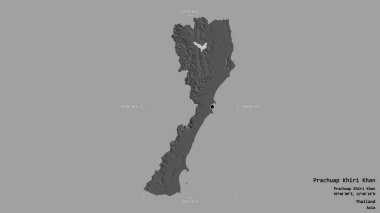 Tayland 'ın Prachuap Khiri Khan bölgesinin katı bir arka planda izole edilmiş bir sınır kutusu var. Etiketler. Çift seviyeli yükseklik haritası. 3B görüntüleme