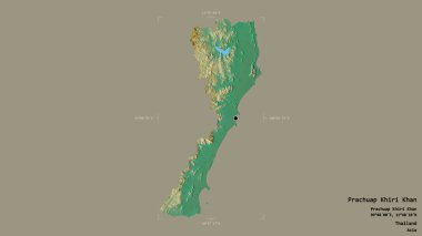 Tayland 'ın Prachuap Khiri Khan bölgesinin katı bir arka planda izole edilmiş bir sınır kutusu var. Etiketler. Topografik yardım haritası. 3B görüntüleme