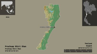 Tayland ili ve başkenti Prahuap Khiri Khan 'ın şeklidir. Uzaklık ölçeği, ön gösterimler ve etiketler. Topografik yardım haritası. 3B görüntüleme