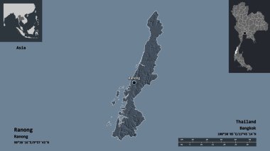Ranong 'un şekli, Tayland vilayeti ve başkenti. Uzaklık ölçeği, ön gösterimler ve etiketler. Renkli yükseklik haritası. 3B görüntüleme