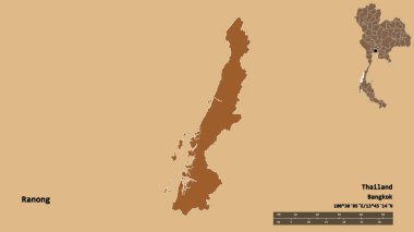 Tayland 'ın Ranong eyaleti, başkenti sağlam bir zemin üzerinde izole edilmiştir. Uzaklık ölçeği, bölge önizlemesi ve etiketleri. Desenli dokuların bileşimi. 3B görüntüleme