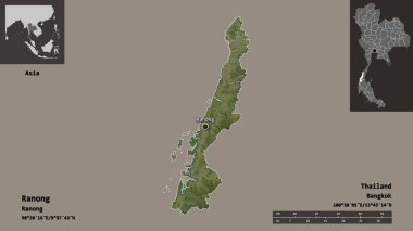 Ranong 'un şekli, Tayland vilayeti ve başkenti. Uzaklık ölçeği, ön gösterimler ve etiketler. Uydu görüntüleri. 3B görüntüleme