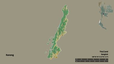 Tayland 'ın Ranong eyaleti, başkenti sağlam bir zemin üzerinde izole edilmiştir. Uzaklık ölçeği, bölge önizlemesi ve etiketleri. Topografik yardım haritası. 3B görüntüleme