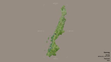 Ranong bölgesi, Tayland vilayeti, katı bir arka planda izole edilmiş bir sınır kutusunda. Etiketler. Uydu görüntüleri. 3B görüntüleme