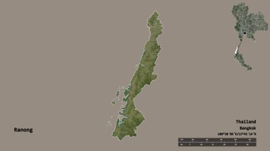 Tayland 'ın Ranong eyaleti, başkenti sağlam bir zemin üzerinde izole edilmiştir. Uzaklık ölçeği, bölge önizlemesi ve etiketleri. Uydu görüntüleri. 3B görüntüleme
