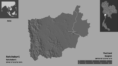 Ratchaburi 'nin şekli, Tayland eyaleti ve başkenti. Uzaklık ölçeği, ön gösterimler ve etiketler. Çift seviyeli yükseklik haritası. 3B görüntüleme