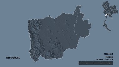 Tayland 'ın Ratchaburi eyaleti, başkenti katı bir zemin ile izole edilmiştir. Uzaklık ölçeği, bölge önizlemesi ve etiketleri. Renkli yükseklik haritası. 3B görüntüleme