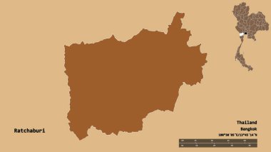 Tayland 'ın Ratchaburi eyaleti, başkenti katı bir zemin ile izole edilmiştir. Uzaklık ölçeği, bölge önizlemesi ve etiketleri. Desenli dokuların bileşimi. 3B görüntüleme