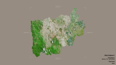 Tayland 'ın Ratchaburi bölgesinde katı bir arka planda izole edilmiş bir sınır kutusu var. Etiketler. Uydu görüntüleri. 3B görüntüleme