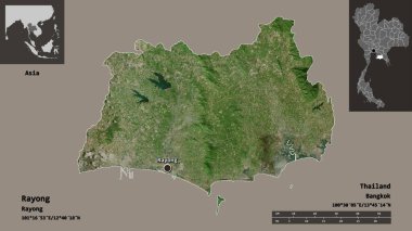 Rayong 'un şekli, Tayland vilayeti ve başkenti. Uzaklık ölçeği, ön gösterimler ve etiketler. Uydu görüntüleri. 3B görüntüleme
