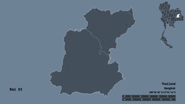 Tayland 'ın Roi Et bölgesi, başkenti katı bir zemin ile izole edilmiştir. Uzaklık ölçeği, bölge önizlemesi ve etiketleri. Renkli yükseklik haritası. 3B görüntüleme