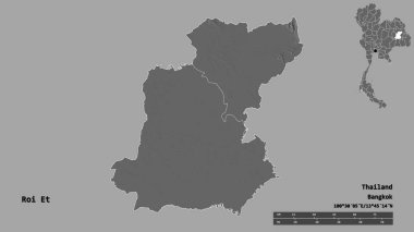 Tayland 'ın Roi Et bölgesi, başkenti katı bir zemin ile izole edilmiştir. Uzaklık ölçeği, bölge önizlemesi ve etiketleri. Çift seviyeli yükseklik haritası. 3B görüntüleme