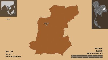 Tayland 'ın Roi Et bölgesi ve başkenti. Uzaklık ölçeği, ön gösterimler ve etiketler. Desenli dokuların bileşimi. 3B görüntüleme