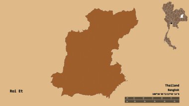 Tayland 'ın Roi Et bölgesi, başkenti katı bir zemin ile izole edilmiştir. Uzaklık ölçeği, bölge önizlemesi ve etiketleri. Desenli dokuların bileşimi. 3B görüntüleme