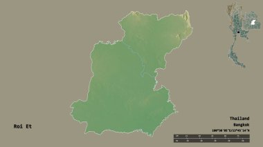Tayland 'ın Roi Et bölgesi, başkenti katı bir zemin ile izole edilmiştir. Uzaklık ölçeği, bölge önizlemesi ve etiketleri. Topografik yardım haritası. 3B görüntüleme