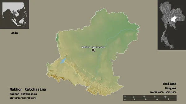 タイ国 ナコンラチャシマの形 距離スケール プレビューおよびラベル 地形図 3Dレンダリング — ストック写真