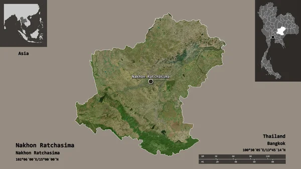 泰国Nakhon Ratchasima的形状及其首都 距离刻度 预览和标签 卫星图像 3D渲染 — 图库照片