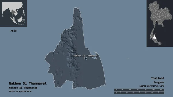 タイ国 ナコンシ タマサート州の形状 距離スケール プレビューおよびラベル 色の標高マップ 3Dレンダリング — ストック写真