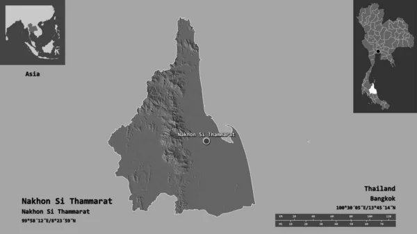 タイ国 ナコンシ タマサート州の形状 距離スケール プレビューおよびラベル 標高マップ 3Dレンダリング — ストック写真