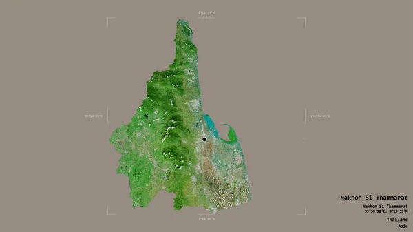 タイの省 ナコンシータマサート州のエリアは 洗練された境界ボックスにしっかりとした背景に隔離されています ラベル 衛星画像 3Dレンダリング — ストック写真