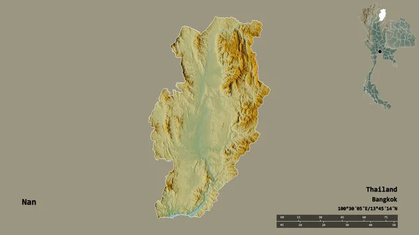 タイの州 ナンの形は その資本がしっかりとした背景に隔離されています 距離スケール リージョンプレビュー およびラベル 地形図 3Dレンダリング — ストック写真
