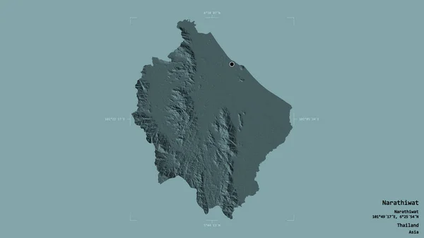 泰国Narathiwat地区 在一个地理参照框的坚实背景上被隔离 彩色高程图 3D渲染 — 图库照片