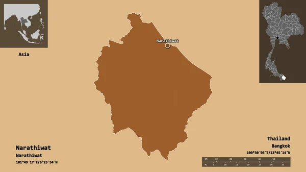 タイ王国の首都ナラティワットの形 距離スケール プレビューおよびラベル パターン化されたテクスチャの構成 3Dレンダリング — ストック写真