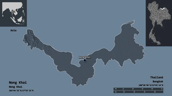 タイの省とその首都 Nong Khaiの形状 距離スケール プレビューおよびラベル 色の標高マップ 3Dレンダリング — ストック写真