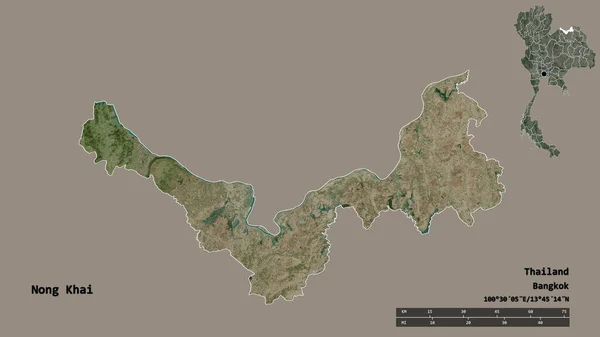 泰国农开海省的形状 其首都在坚实的背景下与世隔绝 距离尺度 区域预览和标签 卫星图像 3D渲染 — 图库照片