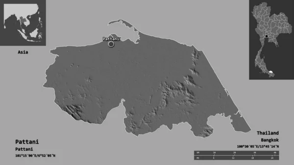 タイ王国のパタニ州とその首都の形 距離スケール プレビューおよびラベル 標高マップ 3Dレンダリング — ストック写真