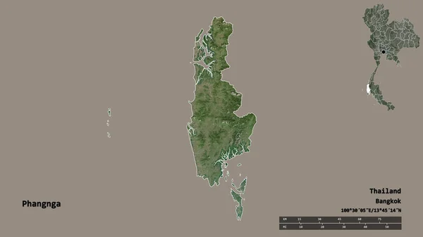 タイの省 パンガの形は その首都はしっかりとした背景に隔離されています 距離スケール リージョンプレビュー およびラベル 衛星画像 3Dレンダリング — ストック写真