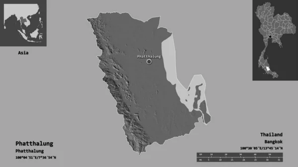 タイ王国の首都ファタールン県の形状 距離スケール プレビューおよびラベル 標高マップ 3Dレンダリング — ストック写真