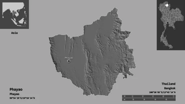 タイ国のパヤオ県とその首都の形 距離スケール プレビューおよびラベル 標高マップ 3Dレンダリング — ストック写真