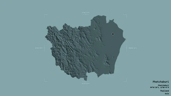 泰国省Phetchaburi地区 在一个地理参照框的坚实背景上被隔离 彩色高程图 3D渲染 — 图库照片