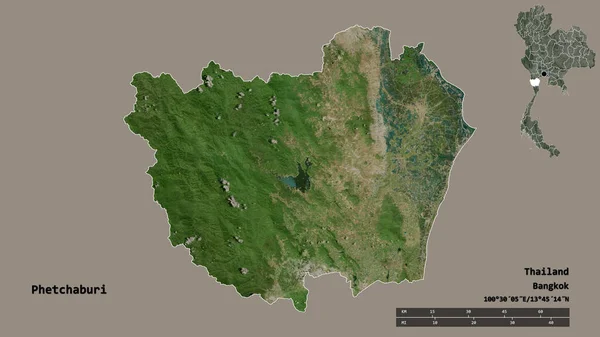 泰国Phetchaburi的形状 其首都在坚实的背景下与世隔绝 距离尺度 区域预览和标签 卫星图像 3D渲染 — 图库照片