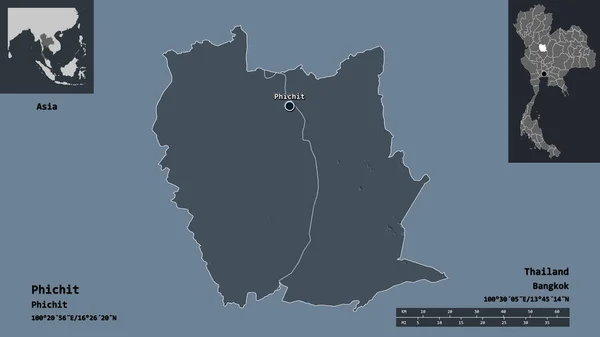 泰国菲希特省的形状及其首府 距离刻度 预览和标签 彩色高程图 3D渲染 — 图库照片