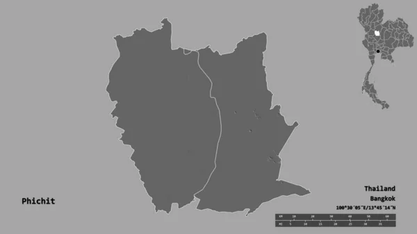 泰国菲希特省的形状 其首都在坚实的背景下与世隔绝 距离尺度 区域预览和标签 Bilevel高程图 3D渲染 — 图库照片
