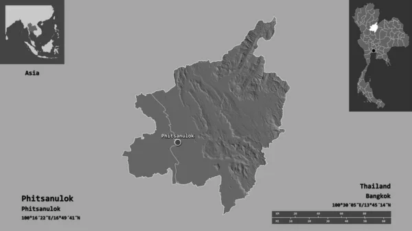 泰国Phitsanulok的形状及其首都 距离刻度 预览和标签 Bilevel高程图 3D渲染 — 图库照片