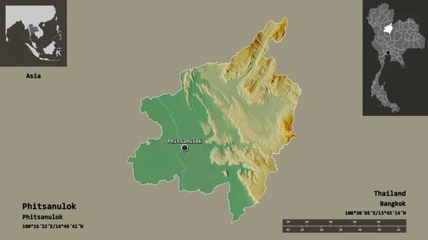 泰国Phitsanulok的形状及其首都 距离刻度 预览和标签 地形浮雕图 3D渲染 — 图库照片