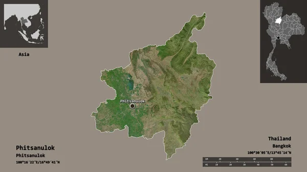 泰国Phitsanulok的形状及其首都 距离刻度 预览和标签 卫星图像 3D渲染 — 图库照片